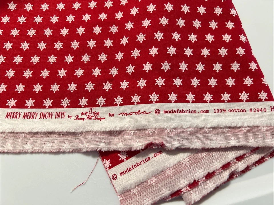 Moda Bunny Hill Designs Cotton Fabric Red White Snowflakes 2 Yards Quilt Craft - Image 2 of 3