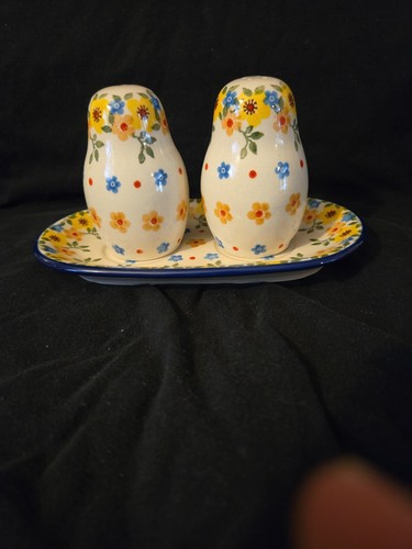 Polish Pottery Salt Pepper Tray Unikat Buttercup Ceramika Artystyczna ( rare )