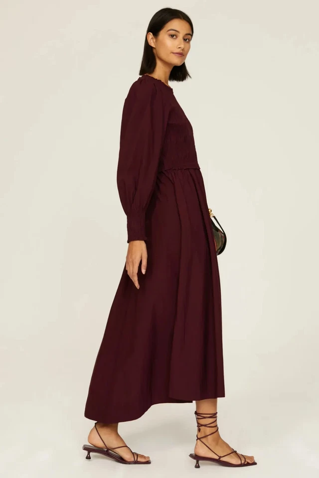 APIECE APART Altro Cotton Long Balloon Sleeve Maxi Dress Smocked Maroon Size M - Image 2 of 4