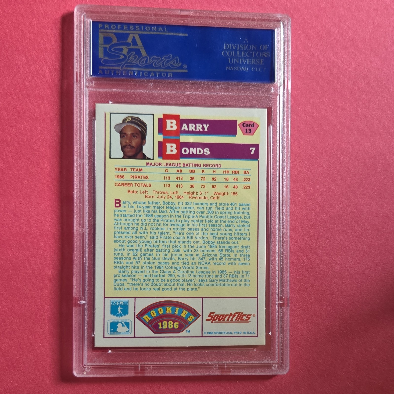 PSA 10 GEM MTSportflics 1986 Rookies Barry Bonds  Rookie  Pittsburgh Pirates view 2