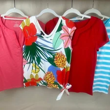 Talbots Petite Small Cotton Shirt Bundle Tropical Floral Pom Pom Embellished 