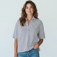 Frank Eileen Patty Short-Sleeve Popover Henley Shirt Size M Navy White Cotton