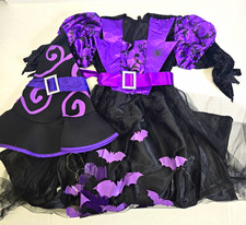 Girls Purple Black Witch Costume Complete Outfit Belted Dress Hat S
