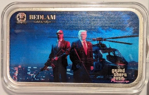 Grand Theft Auto Mar-A-Lago Obama Biden Trump Colorized 1 oz Silver Bar - A968