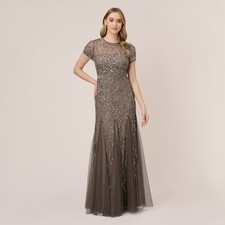 Adrianna Papell Dark Gray Dress Silver Beaded Cap Sleeve Sequined Gown - Size 6