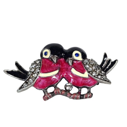 Vintage Brosche Liebesvögel auf Ast Strass Emaille Anstecknadel Modeschmuck Kuss - Bild 2 von 7