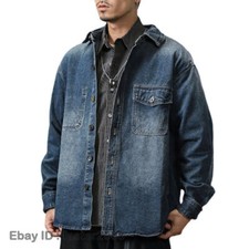 Men Washed Denim Loose Casual Shirt Western Long Sleeve Top Workwear Plus Size