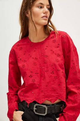 Free People Emma Eyelet Top Embroidered Red Button Drop Shoulder Sleeve Crop L