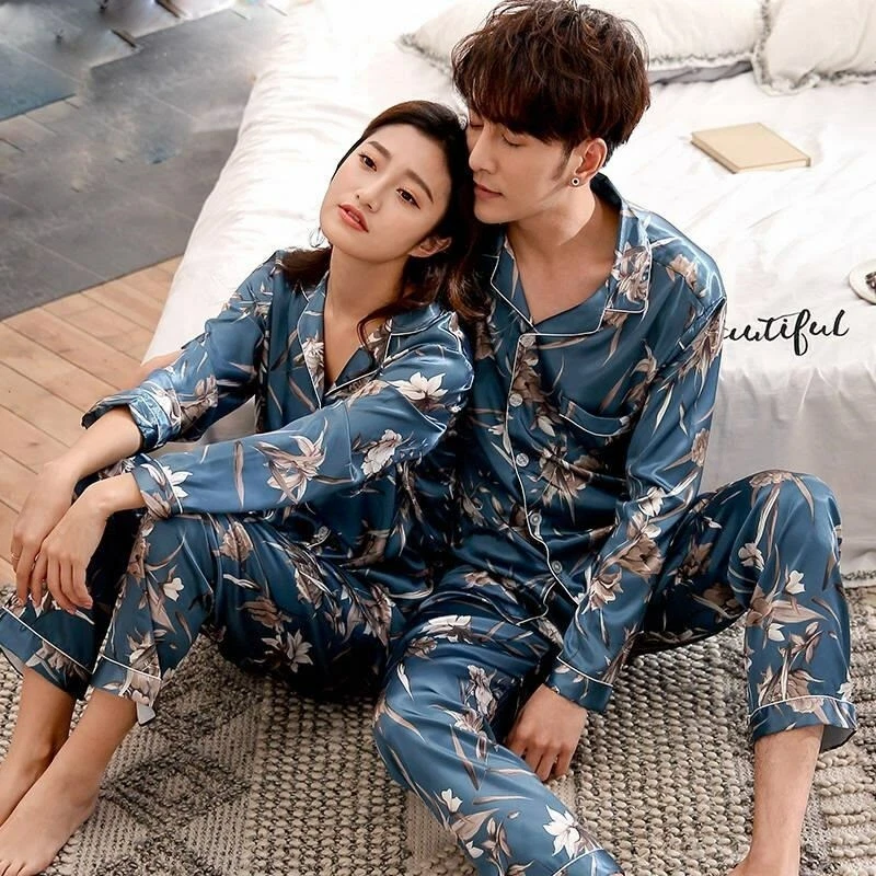 Couples Unisex Silk Men | Sleepwear Long eBay Sleeve Pajamas Pijama Set Satin Nightgown