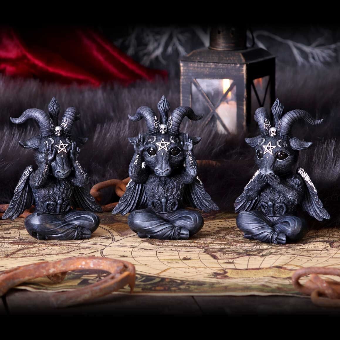 Three Wise Baphomet See No Hear No Speak No Evil Figurine Ornament Boxed 13cm