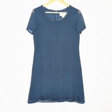 Beaded Navy Blue Shift Dress Size 4 Short Sleeve Mother of Bride MIL Evening