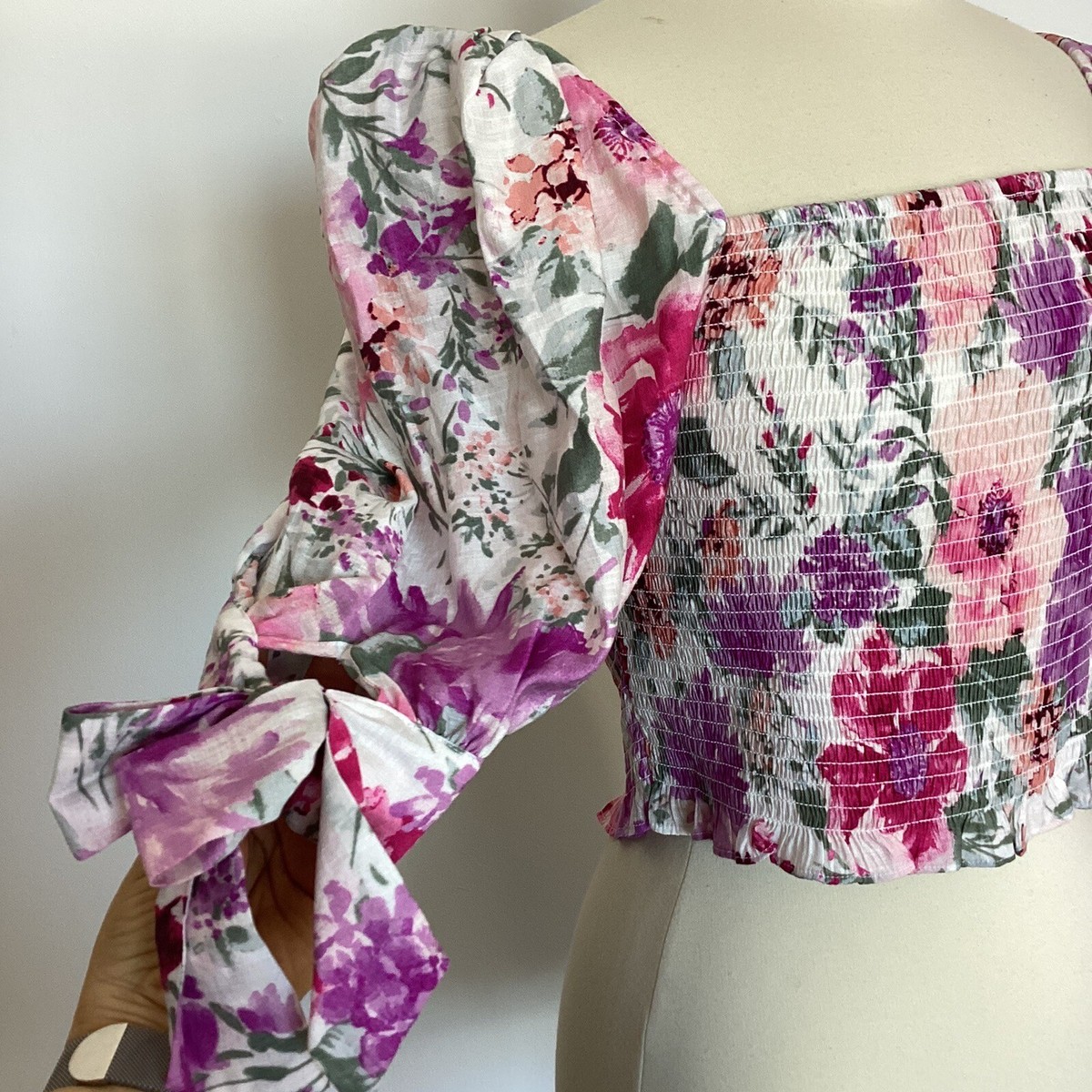 Express Floral Square Neck Smocked Top with Puff Tie Sleeves Express Floral Square Neck Smocked Top with Puff Tie Sleeves