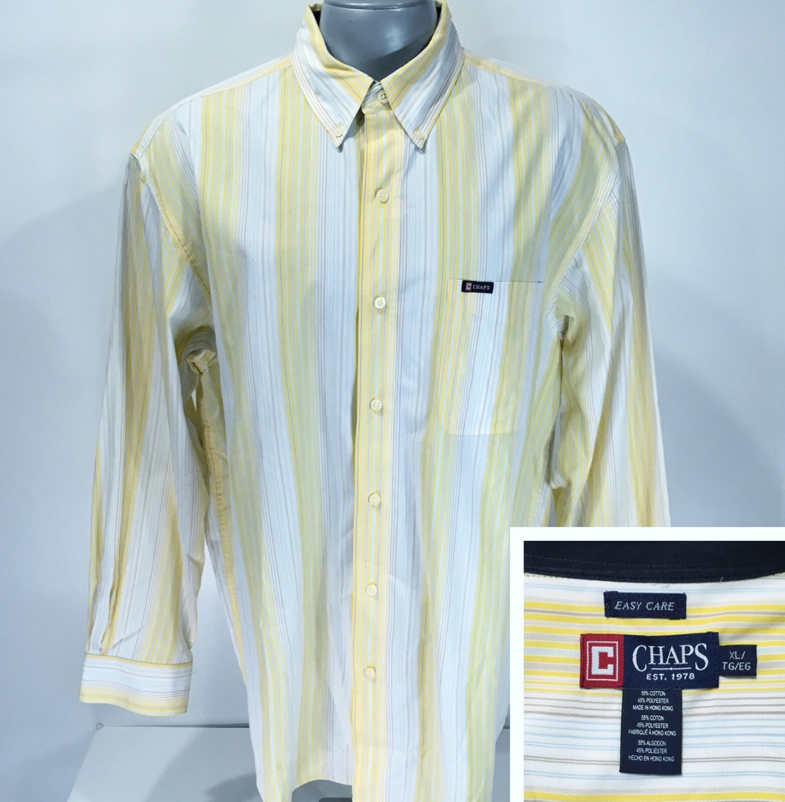 CHAPS Easy Care XL Long Sleeve Button Down Mens Shirt Yellow White Stripe w Logo