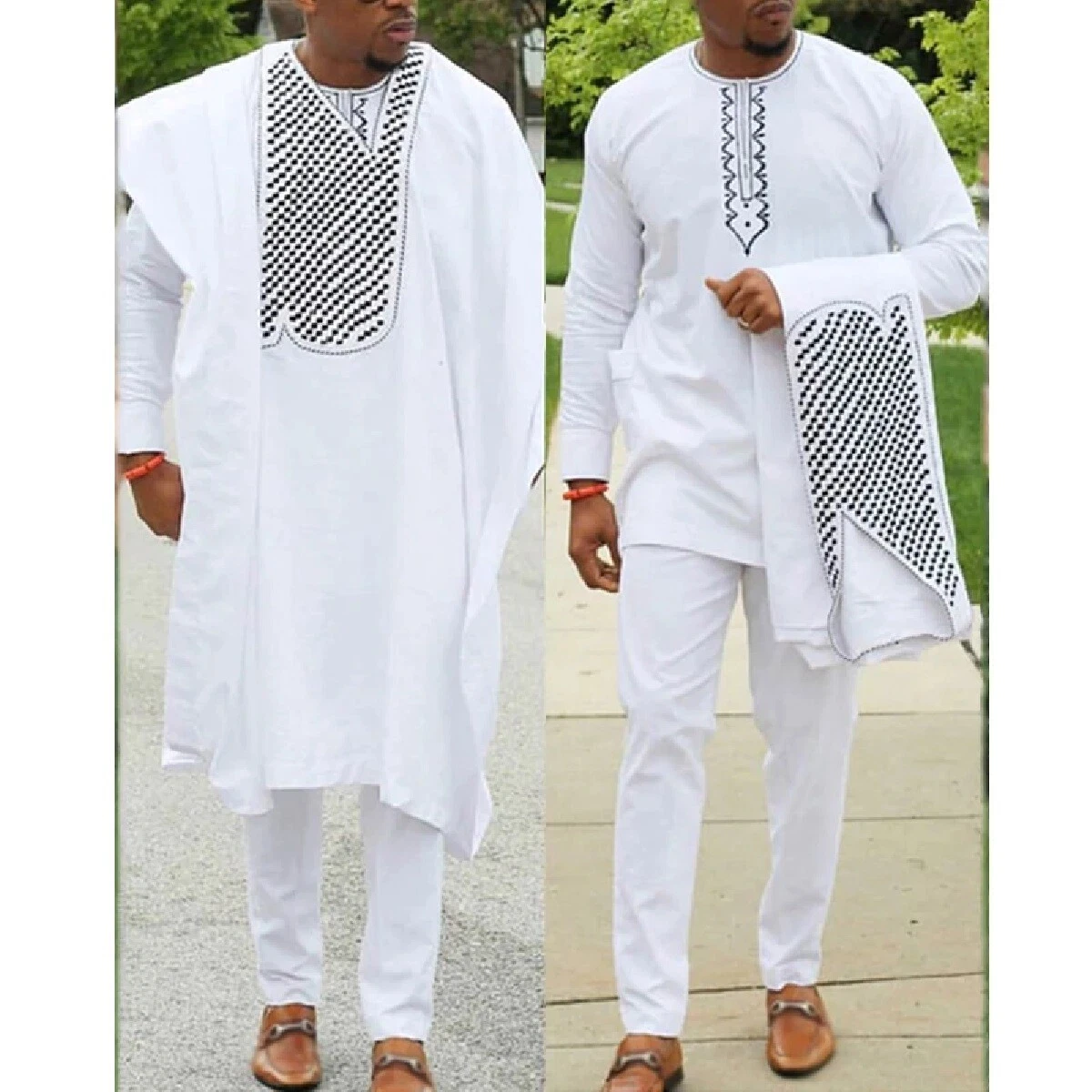 Vêtements ethniques HD African Hommes Dashiki Vêtements blancs 3 pcs Agbada  costume robe de chemise Pantalon Ensemble de fête brodée brillante Boubou