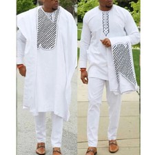 African Couple Dashiki 3Pc Top-Pants-Robe Agbada Set White with black Embroidery