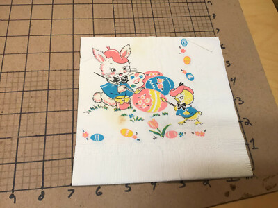 Original Vintage Napkin from collection -- EASTER - PAINTING EGGS bunny chick
