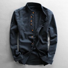 Men Cotton Linen Shirt Male Formal Retro Long Sleeve Mandarin Collar Button