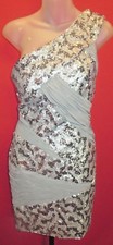 TONY BOWLS Silver Sequin One shoulder gray fabric insets Formal Dress 8 Pageant