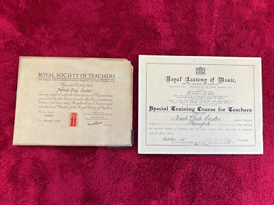 Vintage Royal Academy of Music + Royal Society of Teachers Original Zertifikate