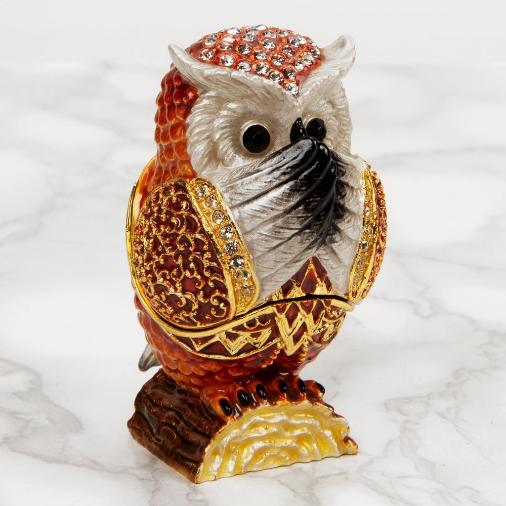 Speak No Evil Wise Owl Figurine Metal Trinket Keepsake Box Ornament Crystal 7cm