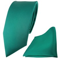 Schmale Tigertie Satin Seidenkrawatte + Seideneinstecktuch GrüN Einfarbig Uni