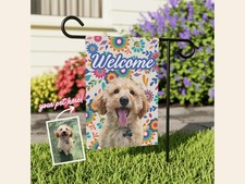 Custom Pet Photo Garden Flag  Colorful Floral Welcome