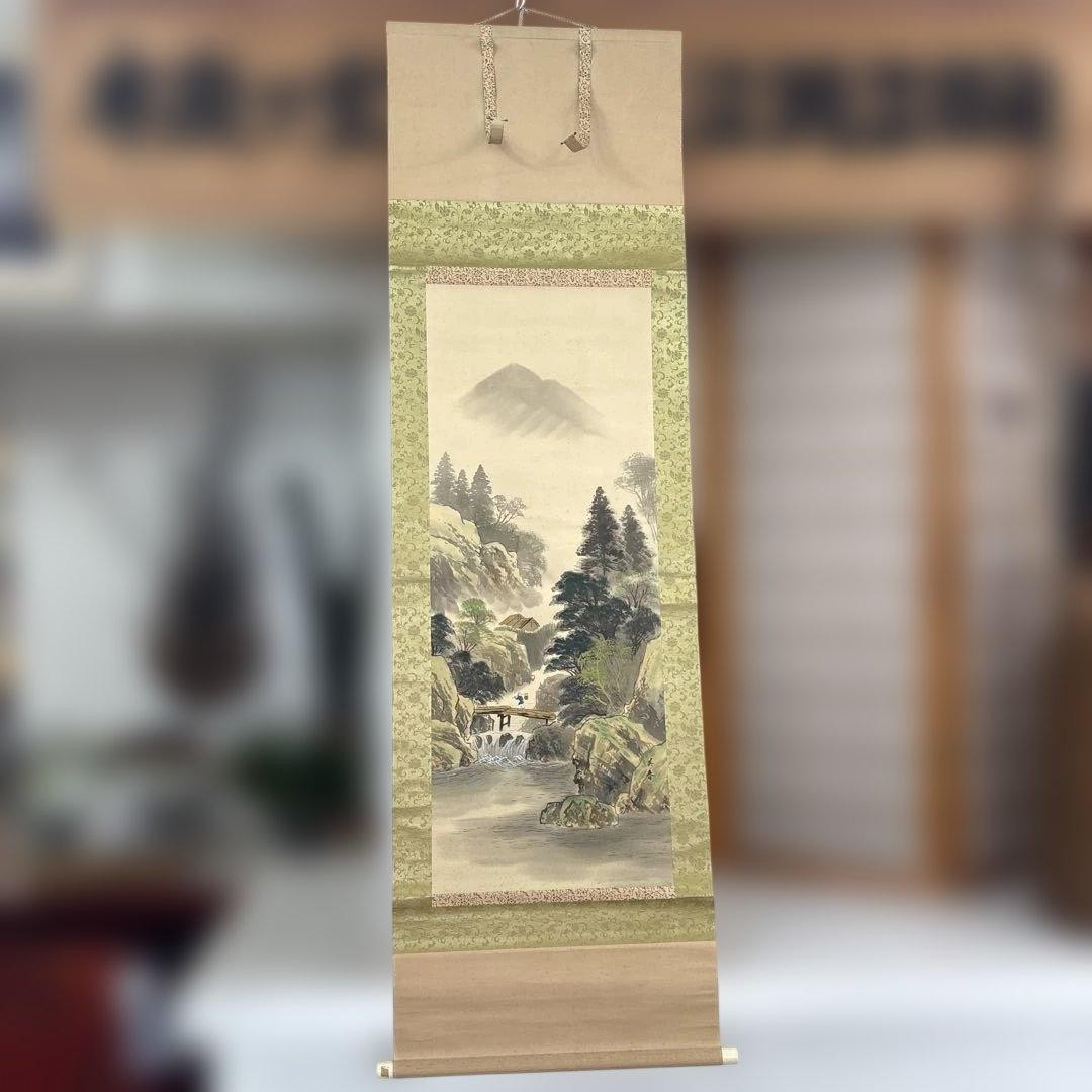 英春 Colored Landscape Hanging Scroll Wall Art Japan Antique Artwork