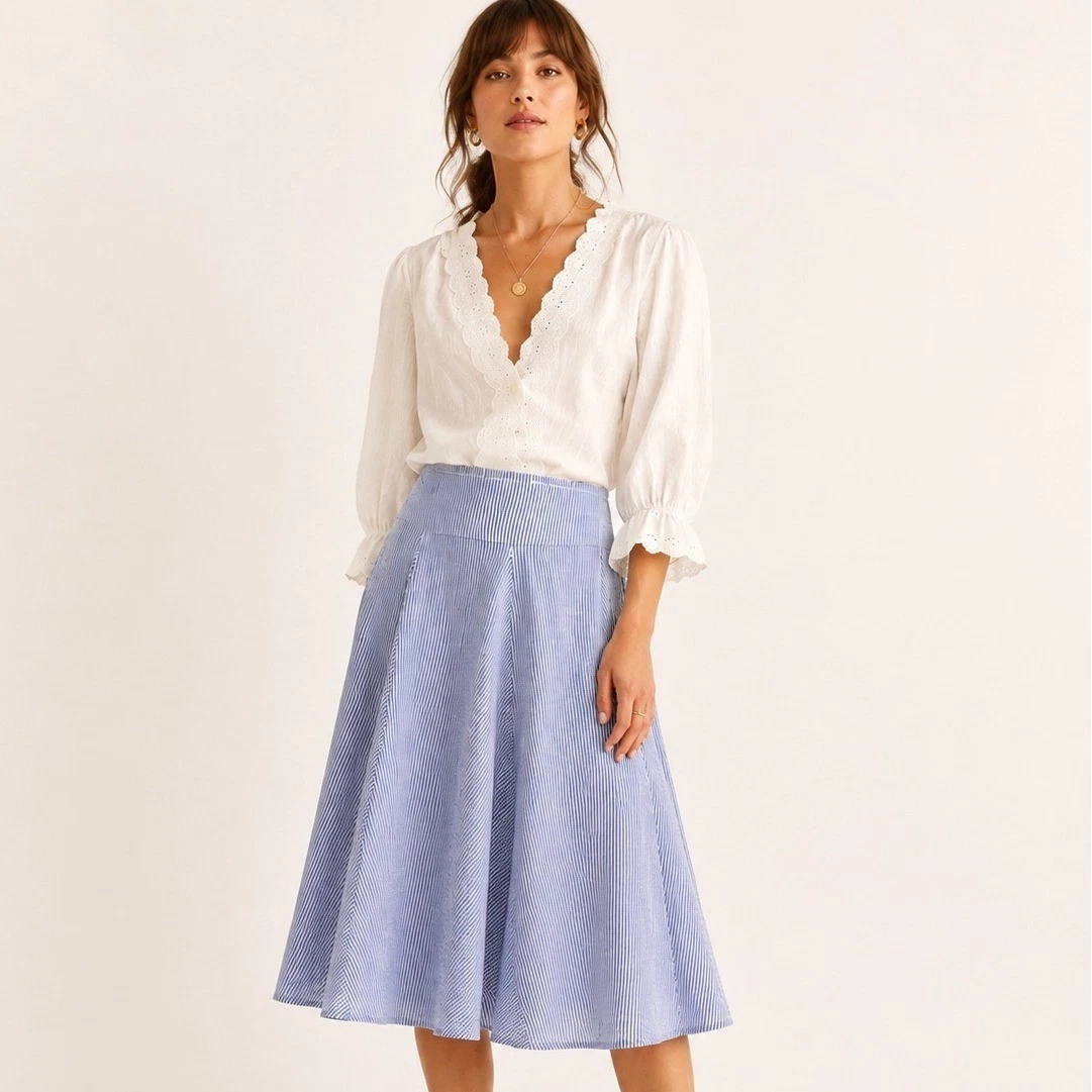Dizzy Lizzy Blue White Seersucker Striped Cotton Midi Skirt Large NWOT