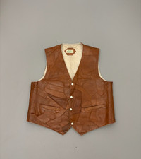 Vintage 70s Genuine Leather Patchwork Vest Brown Shearling Lined Mexico Size 42