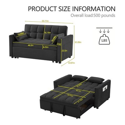 3 in 1 Convertible Sleeper Sofa Bed, Velvet Pull Out Futon Couch