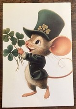 Mouse Green Suit Hat Bouquet Shamrocks St. Patrick’s Day Postcard PC520 Ephemera