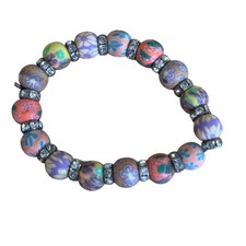 Floral Polymer Clay Bead Stretch Bracelet Silver Tone Rhinestone Rondelle Multi