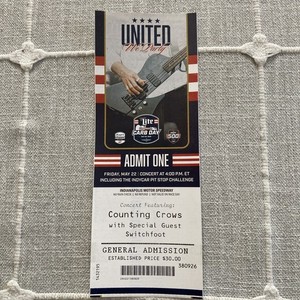 Indy Carb Day Concert Pit Stop Ticket Stub Counting Crows Switchfoot 5/22/26