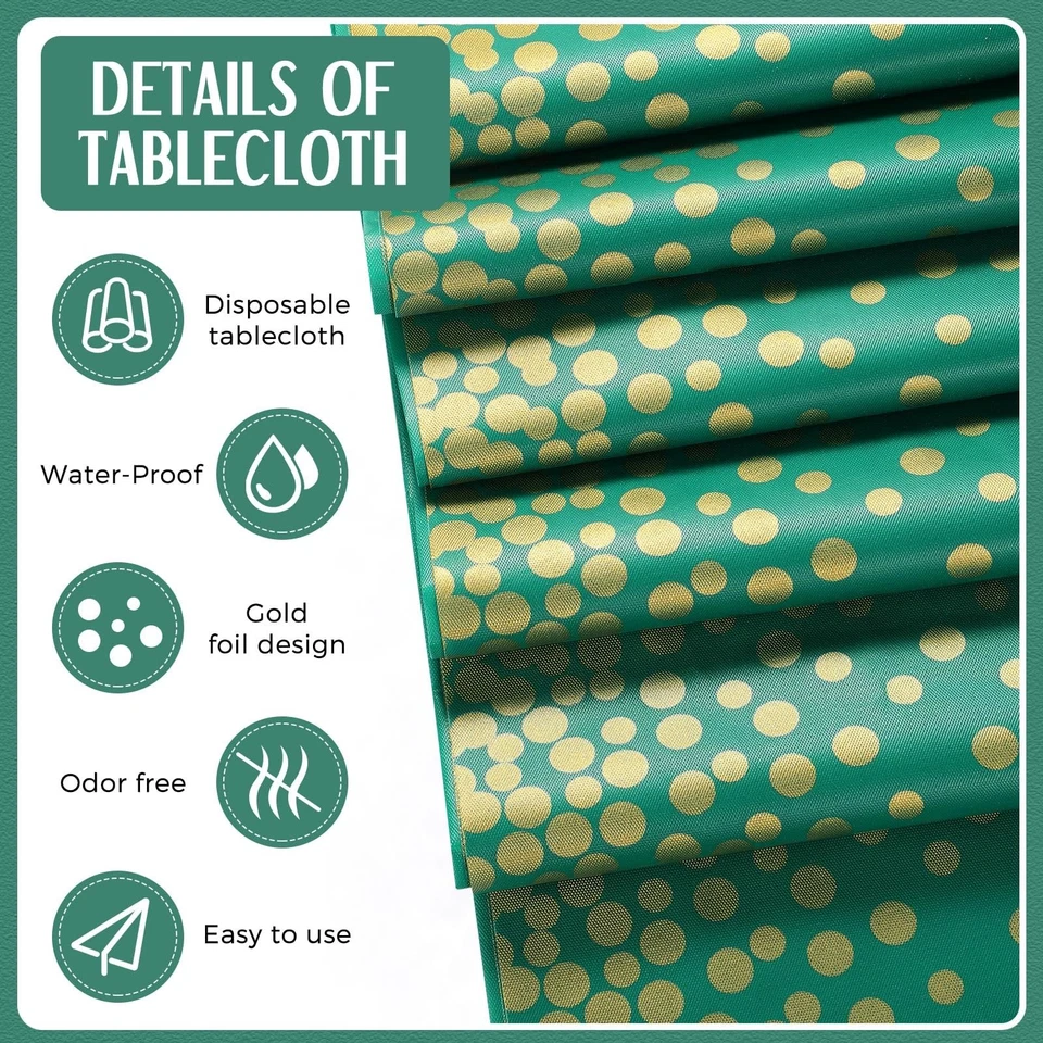 24 Pack Green and Gold Disposable Plastic Tablecloths and Satin Table Runner ... - Image 4 of 4