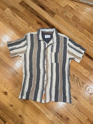 Sovereign Code Camp Collar Shirt L Gray Tan Cream Striped 100% Cotton