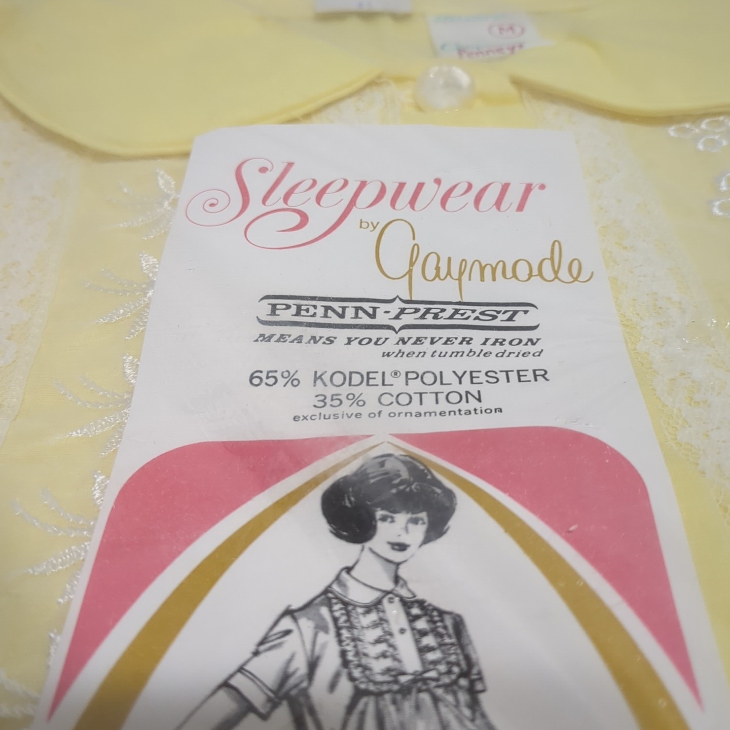 Vtg Gaymode Pajamas Set Yellow Lace Trim Penn Pre Kodel Polyester NOS M Penneys