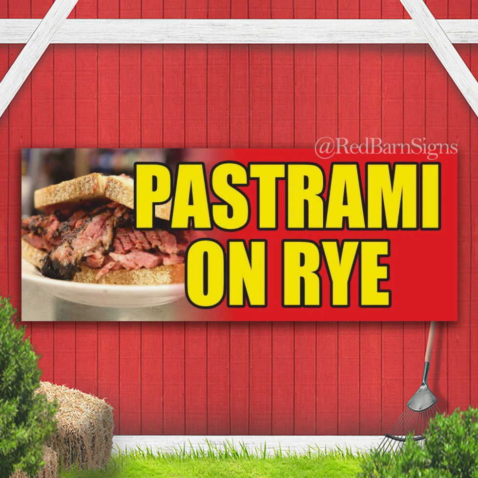 Letrero de pancarta de hamburguesa de centeno Pastrami on New York comida interior exterior con