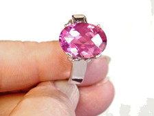 Pink Lab Sapphire Size 7.5 Ring 925 Sterling Silver USA Made 8ct Checkered Cut