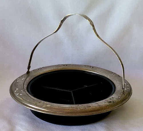 Vintage Farberware Divided Dish Black Depression Glass in Pierced Chrome Carrier