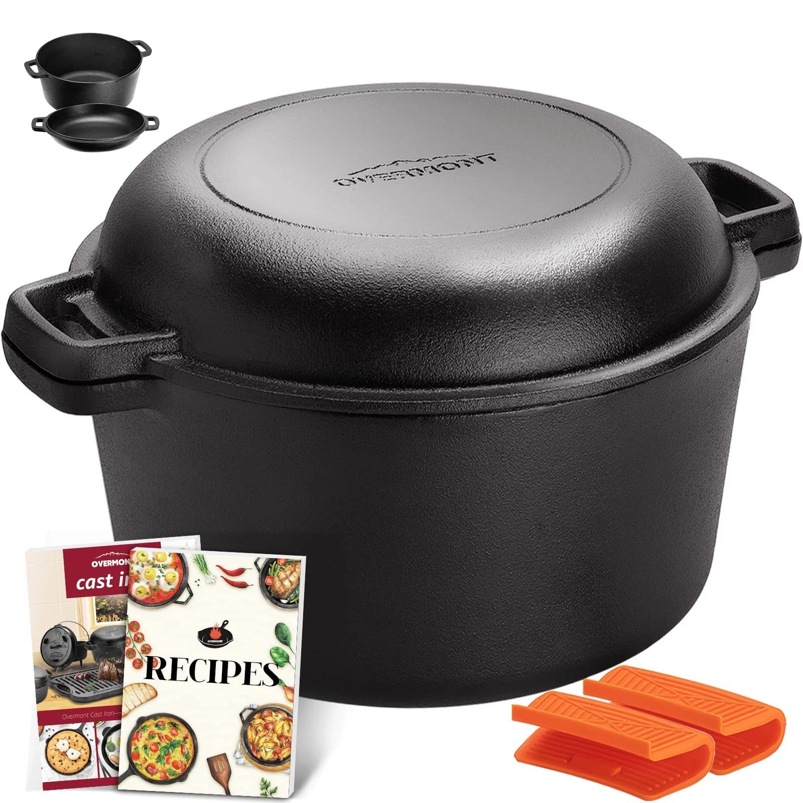 5QT Double Dutch Oven for Bread Baking, 2-in-1 Pre-Seasoned Cast Iron Pot wit...