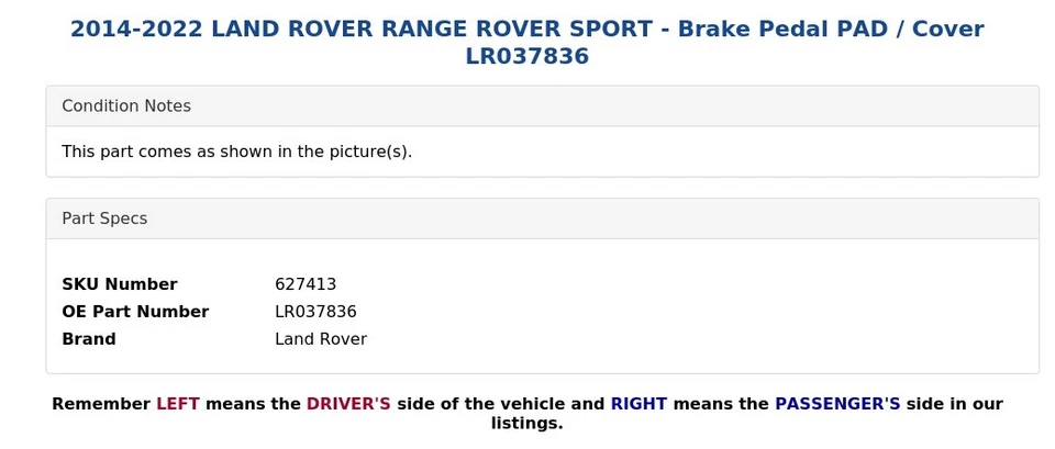 Land Rover Range Rover Sport 2014-2022 - Pastilla de pedal de freno/cubierta LR037836 Foto 3 de 4