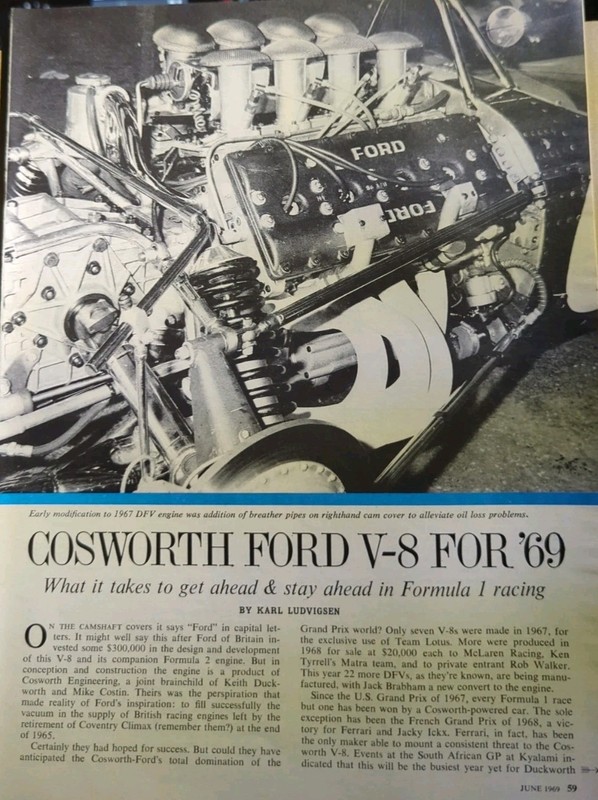 JUNE 1969 MAGAZINE PAGE #044- COSWORTH FORD V-8 FOR '69- FORMULA 1 ENGINE- 2 PG