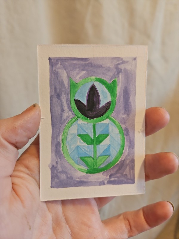 ACEO OOAK Original Art Card Cat Outline With Purple Black Tulip Watercolor
