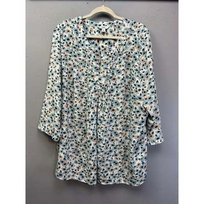 Croft & Barrow Blouse Womens 3X Blue Floral Pintuck V-Neck 3/4 Sleeve Top