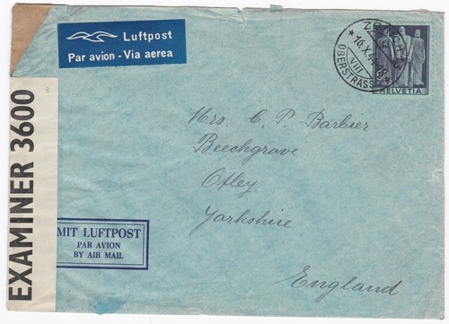 1943/44 2 x ZURICH SWITZERLAND DIFF CENSOR TAPES TO OTLEY & LEICESTER UK WW2 AIR - Picture 2 of 3