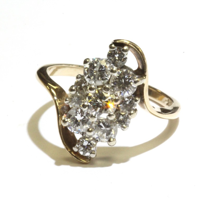 14k yellow gold 1.29ct SI1-2 H round diamond cluster band ring 4.2g womens 7.75