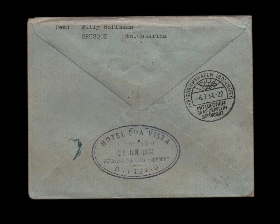 Zeppelin Condor AirMail Brazil 1934 Brusque SC to Germany  Agente hotel Blumenau - Image 2 of 4