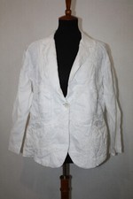 Chico's Size 2 White One Button Linen Blazer Jacket Pockets Eylet Gathered