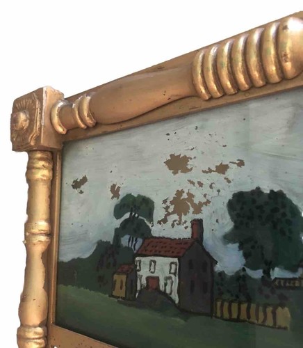 Vintage Federal Era Folk Art Mirror Reverse Painted Glass Pane Gold Framed 26” - Picture 9 of 22