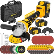 JEXUGK Cordless Angle Grinder set with 2 Battery Motor Metal Grinder 10x5" wheel